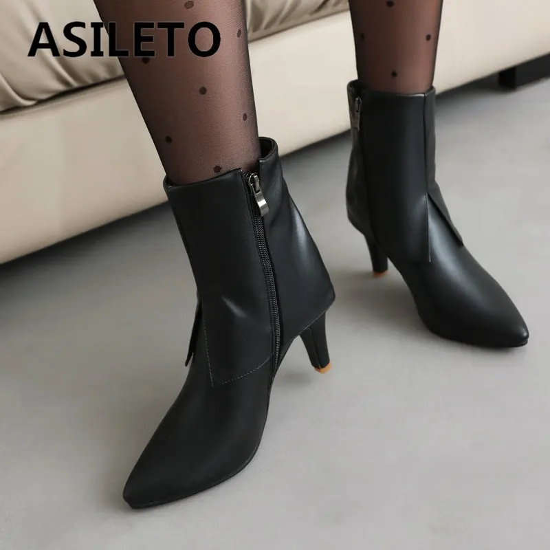 ASILETO Fashion Women Ankle Boots Pointed Toe Thin High Heels 8.5cm Zipper Large Size 46 47 Sexy Shoes Party Winter Bota 33 34