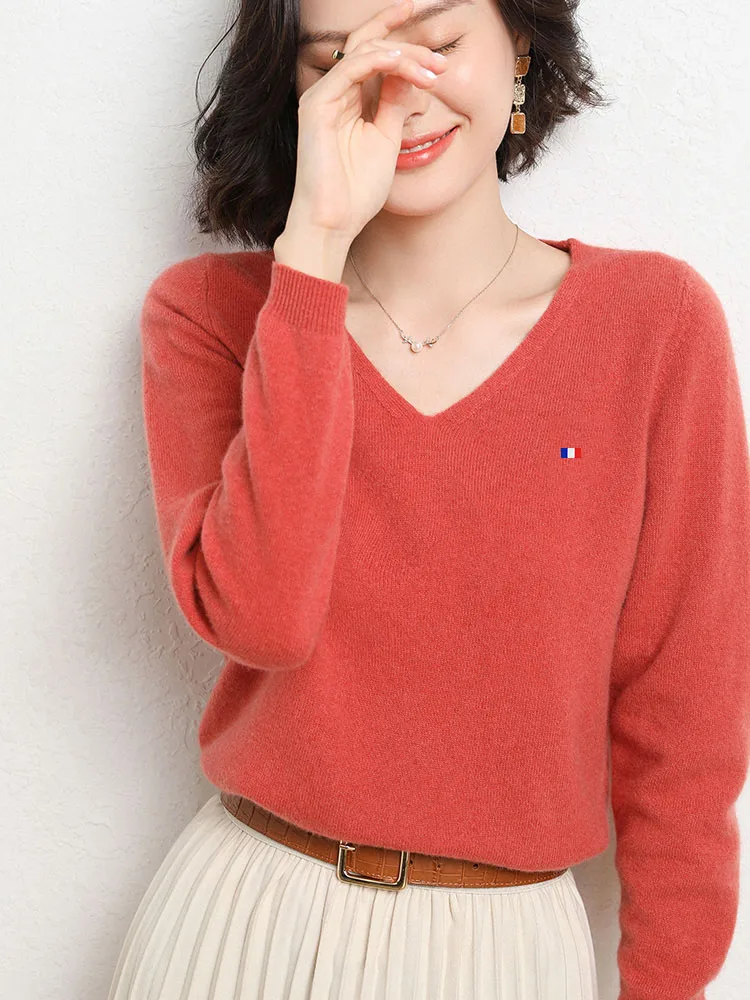 Autumn new cashmere sweater for women V-neck short pullover  sweater loose solid color long sleeve knitted Korean Knit Sweater