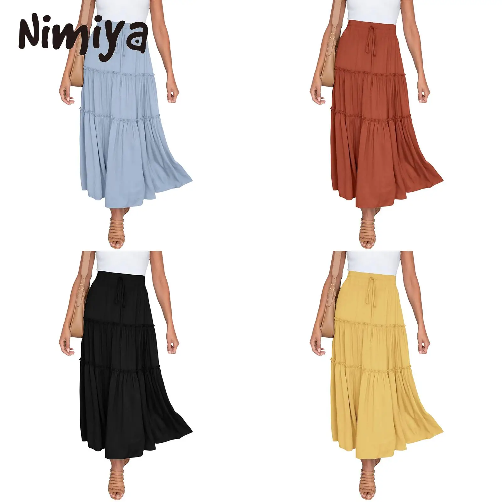 

Nimiya Womens Solid Color Orange Long Ankle Polyester Skirt Casual High Waist Flowy Ruched Drawstring Soft Skirts Daily Wears