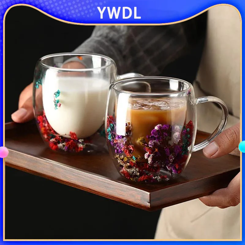 

YWDL Double Wall Glass Cup With Handle Heat Resistant Tea Coffee Cups Espresso Milk Mug Gift