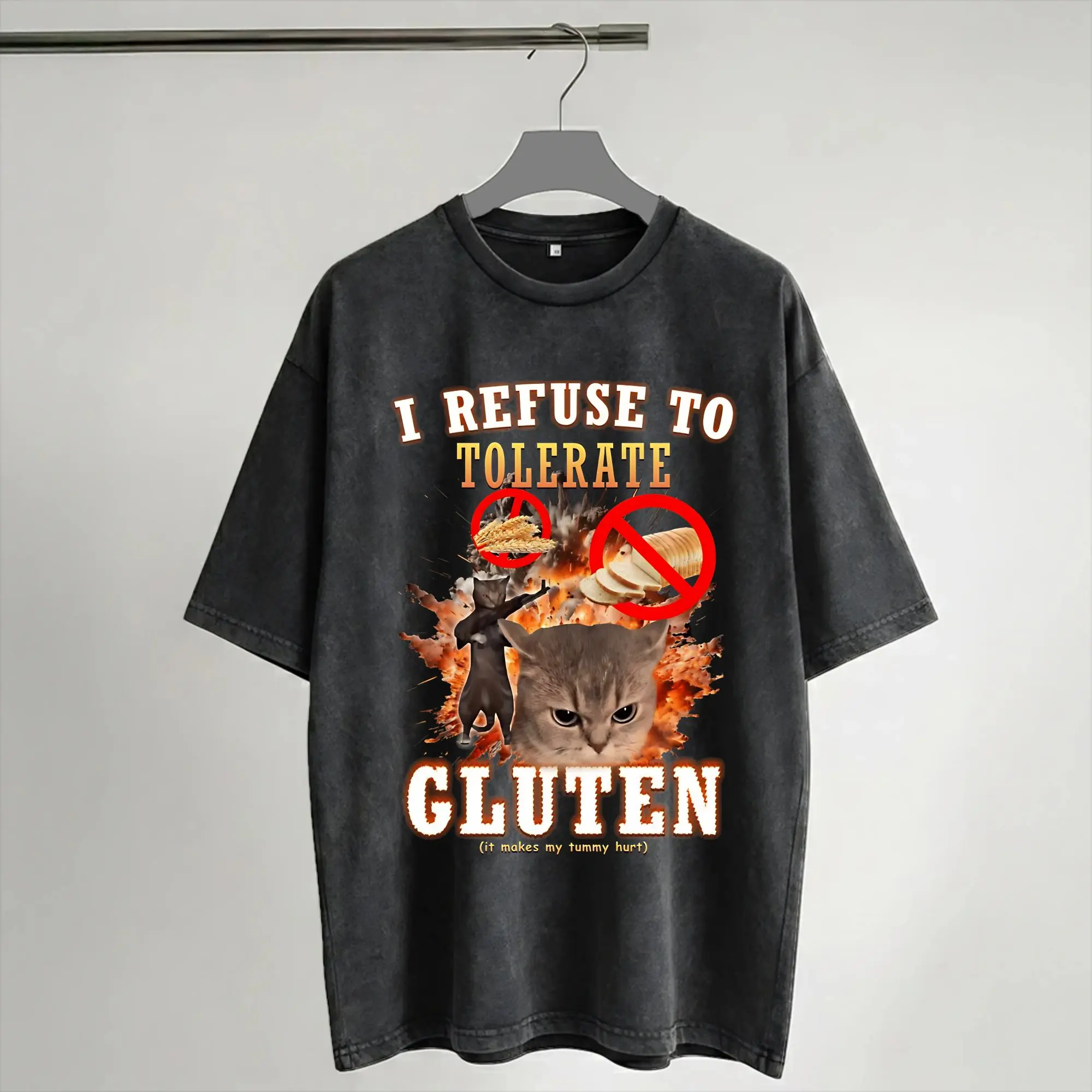 I Refuse To Tolerate Gluten Funny Cats Merch Washed T Shirt Men Women Streetwear Hip Hop T-Shirt Summer  Tees Tops Cotton