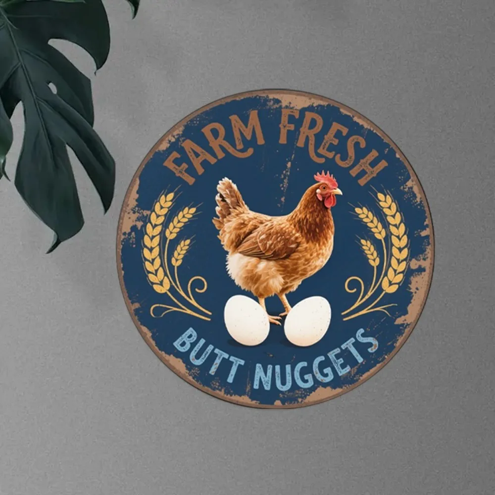 Vintage Farm Fresh Golden Nuggets Coop Round Aluminum Wall Art, 20.32x20.32 cm, Rustic Rooster and Egg Design, Dustproof Decor f