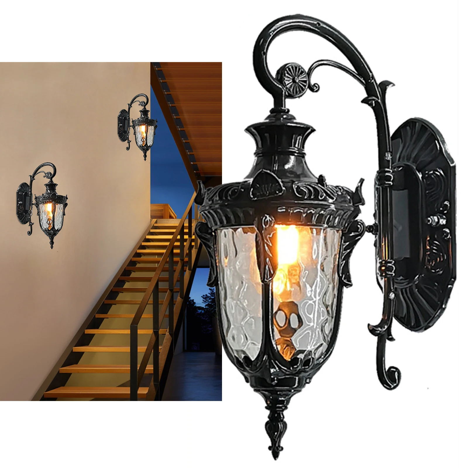 Retro Outdoor Wall Sconce, Black Vintage Exterior Waterproof Wall Lantern Lamp, Rustic Porch Lights Fixtures with Glass Shade