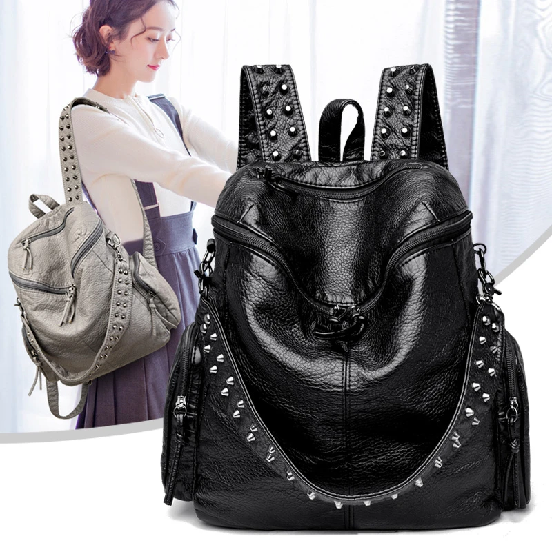 New Luxury Brand Woman Backpack High Quality Leather School Bags Rivet Moto Style Women Backpacks Vintage Soft Lady Shoulder Bag