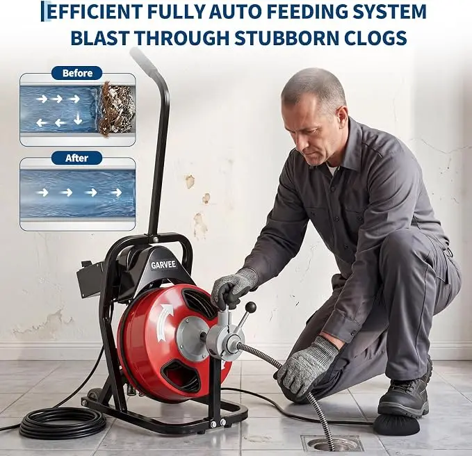 50FT 1/2 Professional Electric Drain Cleaner Machine  250W Motor, Auto-Feed Sewer Snake Auger, 4 Cutters, Air-Activated Foot Switch, Semi-Enclosed Drum For 2