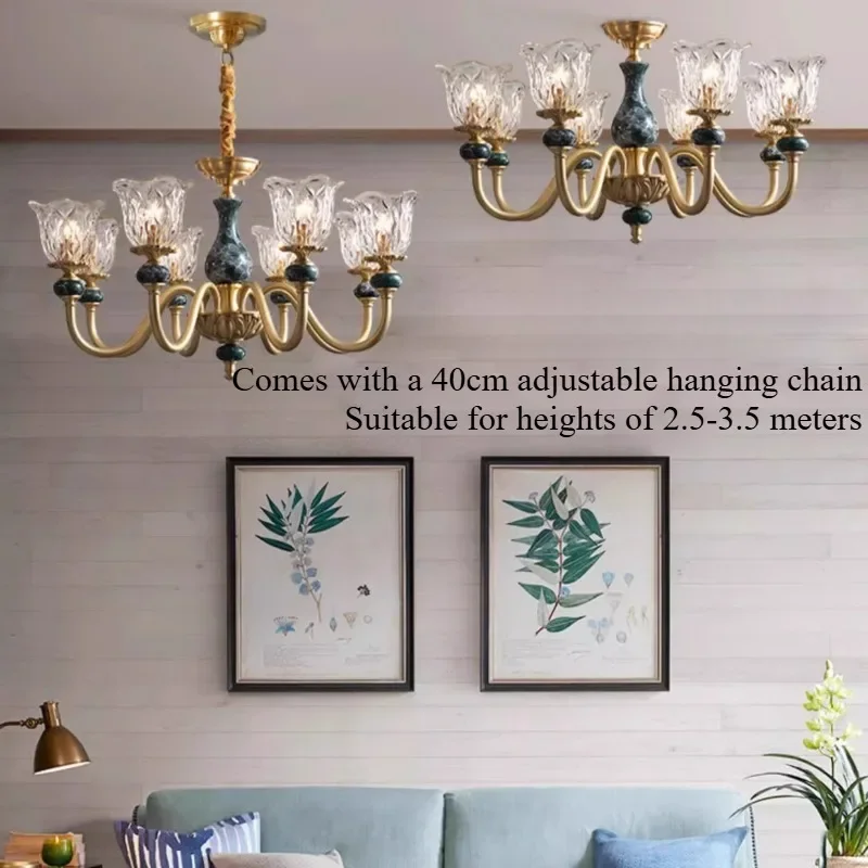 SANDYHA Nordic Retro LED Chandelier Copper Glass Pendant Light Ceramic Hanging Lamp For Bedroom Living Room Lobby Home Decor