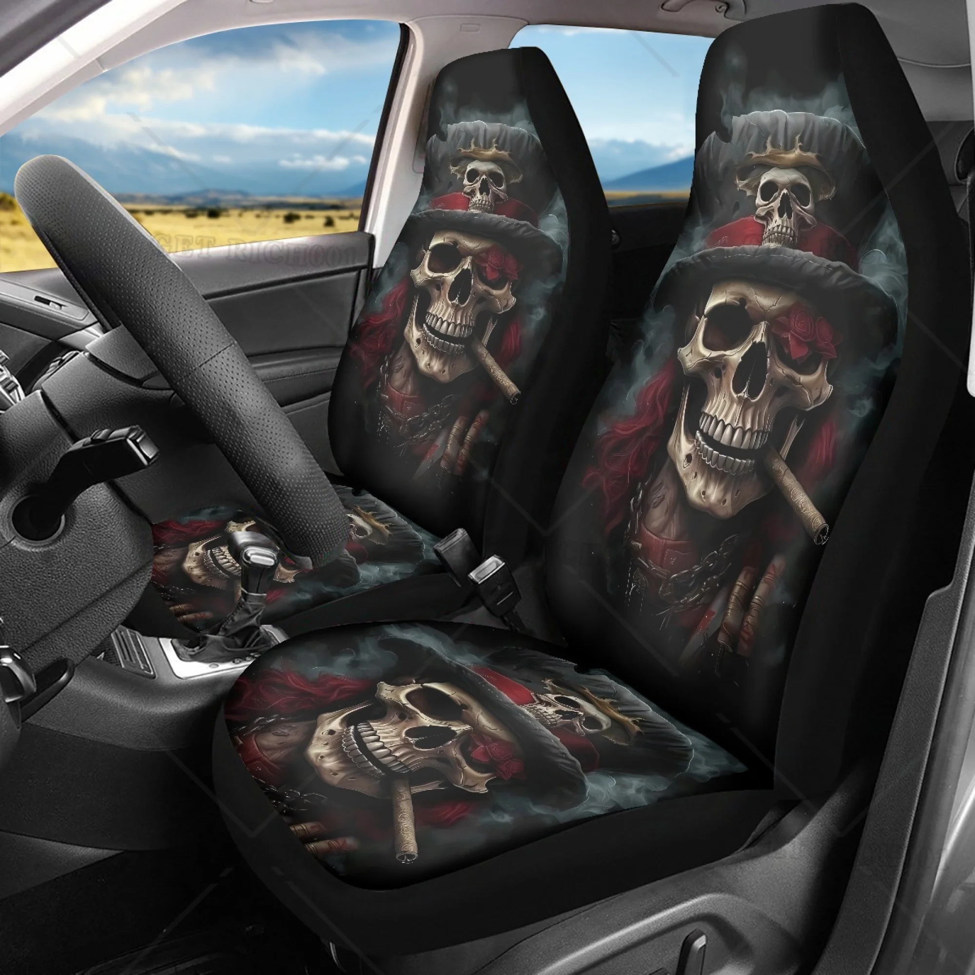 2 szt. Pokrowce na siedzenia Skull Rose Pirate Uniwersalne dopasowanie do sedanów SUV-ów i ciężarówek Zmywalne i łatwe w montażu pokrowce na przednie siedzenia