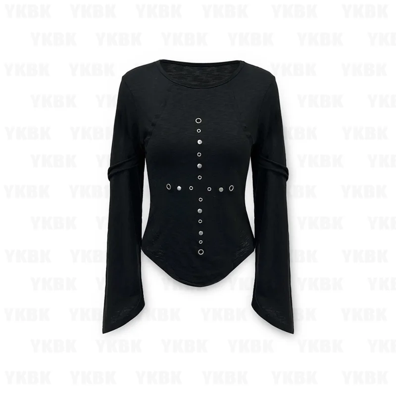 

Grunge Y2K Aesthetic Women's Streetwear Gothic Harajuku Vintage Punk cross Emo Girls Long Sleeve Cross Rivet Tee Sexy Slim Chic