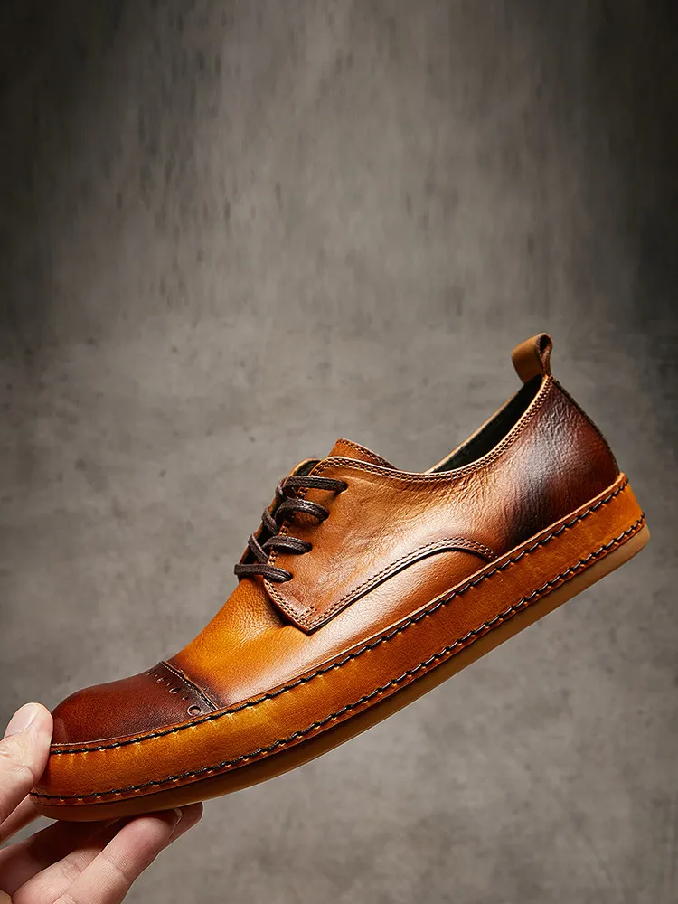 

European Station Autumn New Men's Shoes Genuine Leather Breathable British Style Lace-up Leather Shoes Handmade Cowhide Color-po