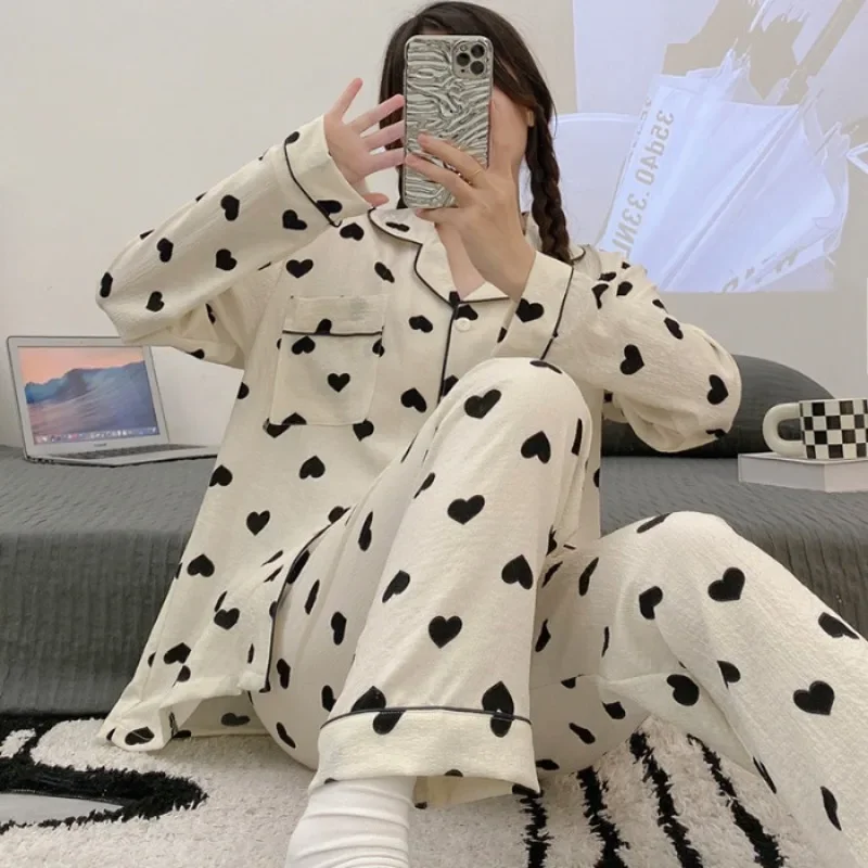 140kg Plus Size Women Long Sleeved Pajamas Set Loose Cardigan Lapel Homewear Autumn Long Sleeve Pants Suit Can Worn Outside