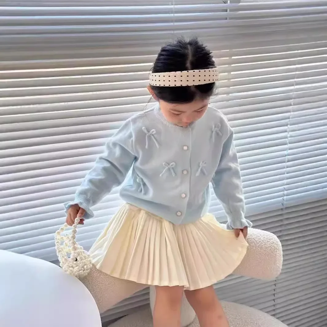 Childrens Sweaters 2024 Autumn/Winter New Collection Girls Bow Knit Cardigan Sweater Loose Coat Solid Color Cute Baby Sweet Top