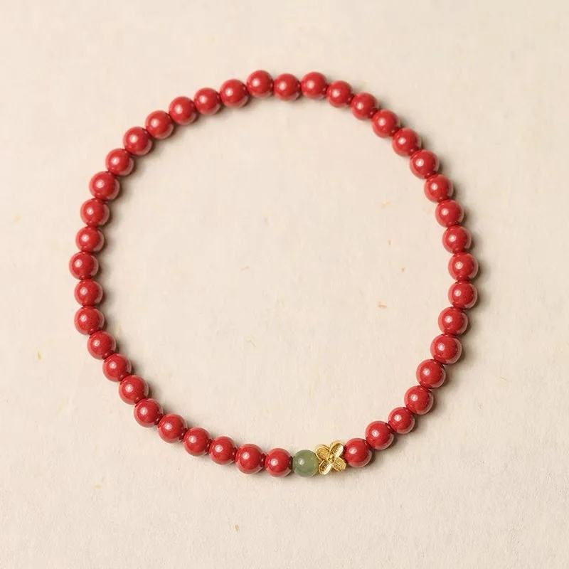 Chinese Style High Purity Imperial Cinnabar Beaded Bracelet 4mm 6mm Hetian Jade Flower Charm Lucky Fortune Blessing Jewelry For