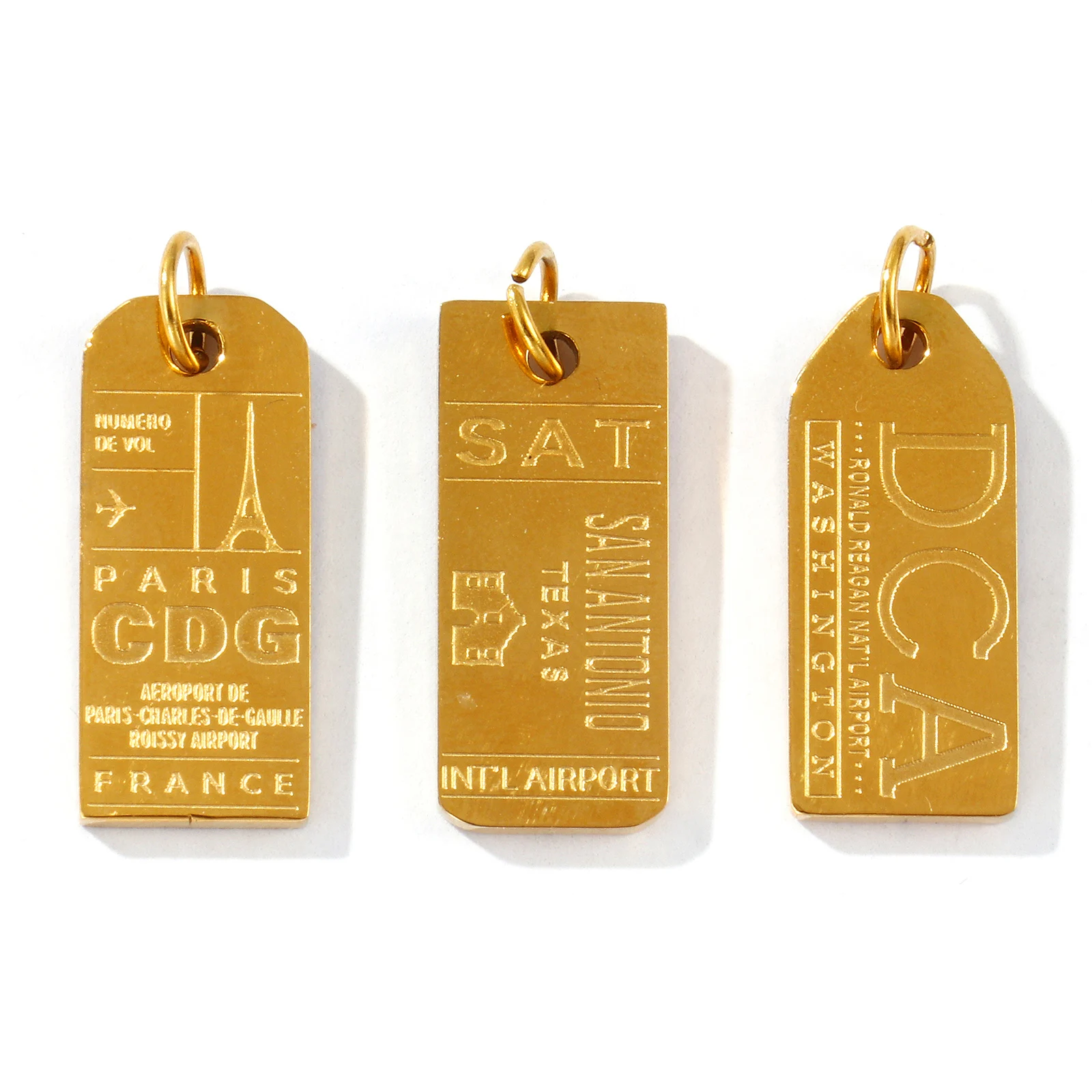 2 pçs à prova dwaterproof água 304 aço inoxidável encantos de viagem 18k banhado a ouro código aeroporto cdg sat sat inglês carta pingentes colar diy