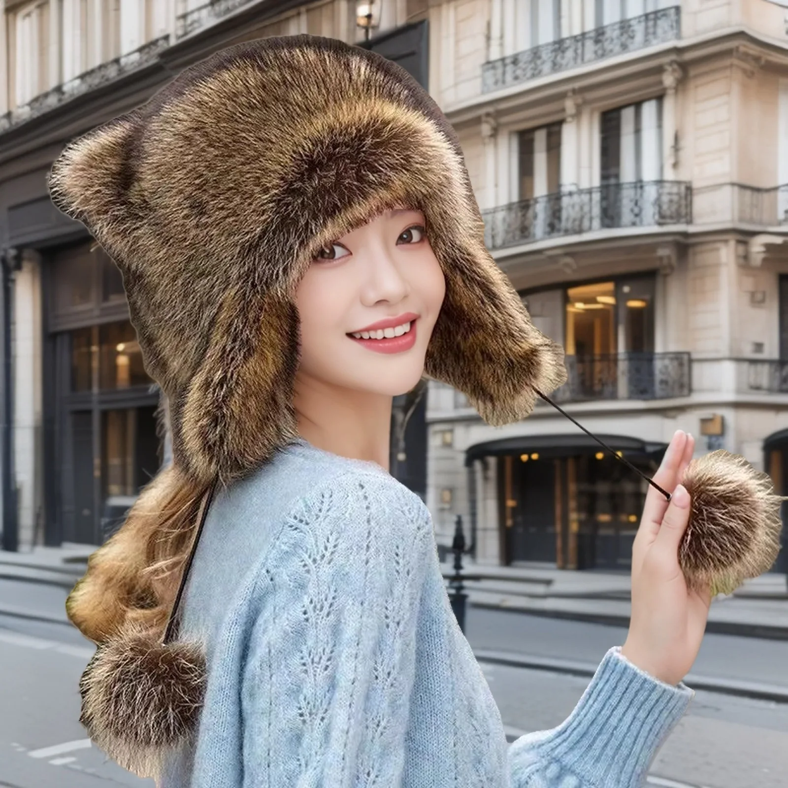 

Пушистая шапка Lei Feng из лисьего меха с хвостом енота и собачьими ушками, зимняя защита для ушей