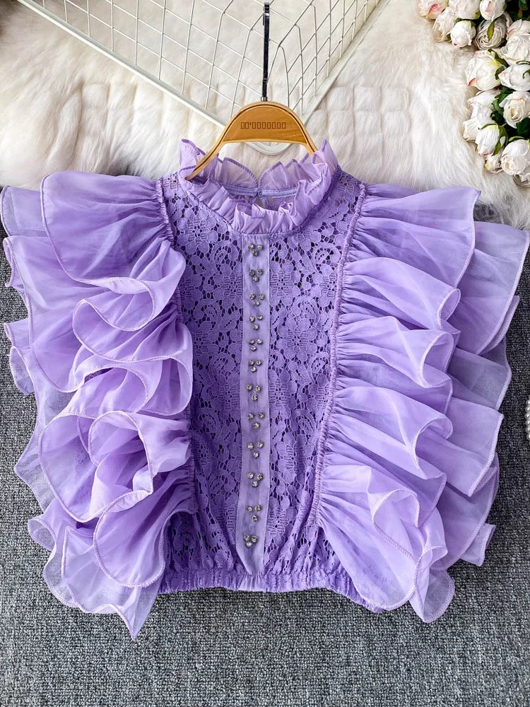 

Faionable ort Lace Patchwork Stand Collar irt Women's Summer New Sle Slimming Heavy Embroidery Flounce Hem Korean Sle