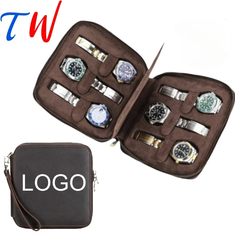 6 Slots Personalized Customized Logo gift Classic Retro Zipper Genuine Leather Watch Organizer Storage Case Box Packaging OEM