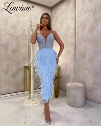 2025 Tea Length Blue Feathers Birthday Party Dress Customized Beaded Sequined Cocktail Dresses Spaghetti Straps Evening Gowns