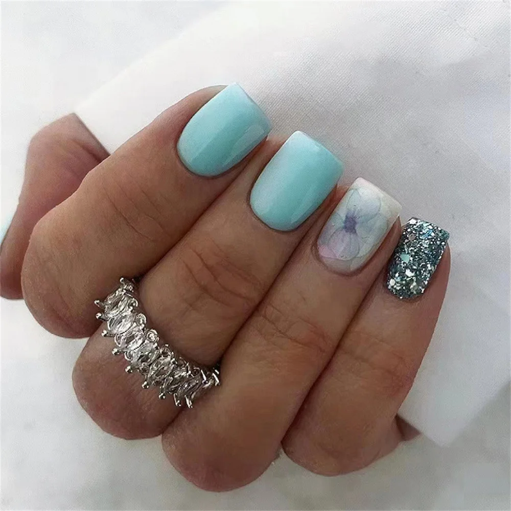 Light Blue Retro Fake Nails Nail Patch Press Nails Flowers False Nails Nail Enhancement
