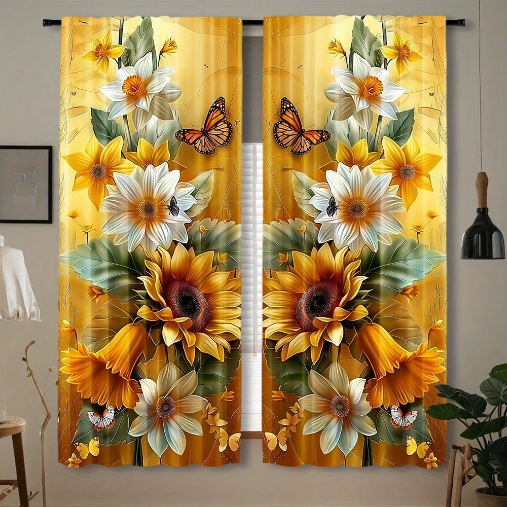 Bright Sunflower Blackout Rod Pocket Curtain Golden Base Daffodil Dahlia Butterfly Floral Print Cozy Living Bedroom Window Decor