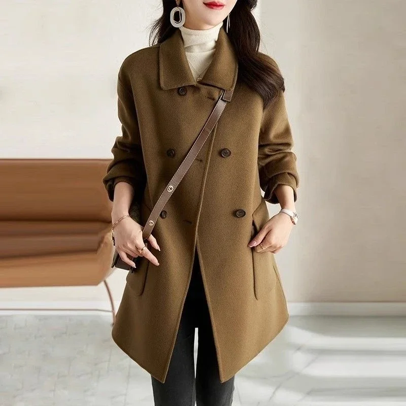 

Новое женское шерстяное пальто средней длины 2025 FW, корейский дизайн, приталенная толстая теплая куртка, элегантная универсальная верхняя одежда для городских нарядов