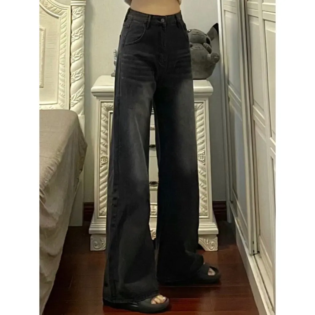 

Women's High-Waisted Wide-Leg Jeans Loose Fit Black And Gray Drapey Straight Pants Slimming Floor-Length Spring Summer