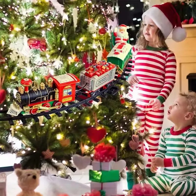 Nuovo treno ferroviario a batteria con suono e luce, giocattoli per auto ferroviarie, treno di Natale, decorazione per albero, pista, giocattoli elettrici per bambini