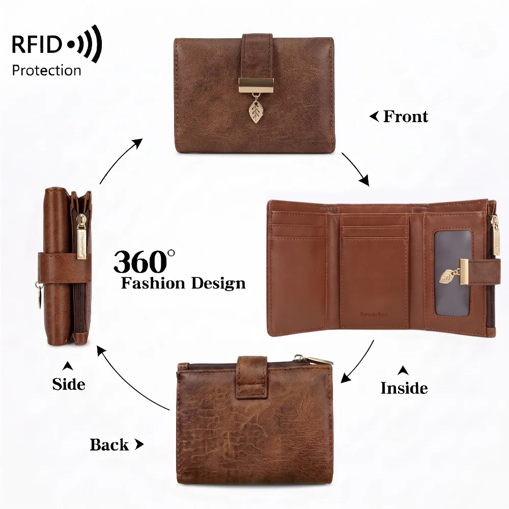 Pomelo Beste Damen-Kurzgeldbörse mit RFID-Schutz, Dreifach-Geldbörse aus PU-Leder, 7 Kartenfächer, Reißverschluss-Münzfach, Blattschnalle, Reise-Clutch – Detail 3
