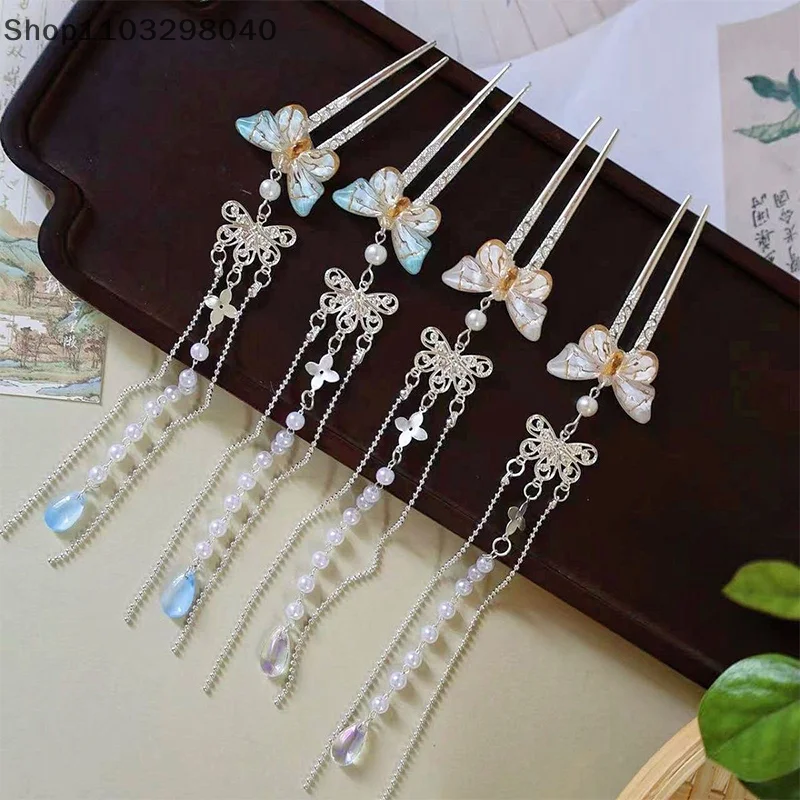 Elegante forcina a farfalla vintage da donna, bastoncino per capelli in stile cinese con nappa, bellissimo accessorio ispirato all'antichità