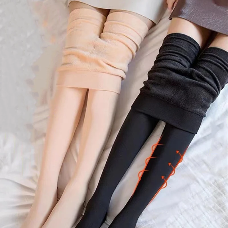 Winter Thermal Pantyhose Women Leggings Thicken Warm Stockings Fake Translucent Pantyhose Fleece Lined Tights Elastic Wool Socks