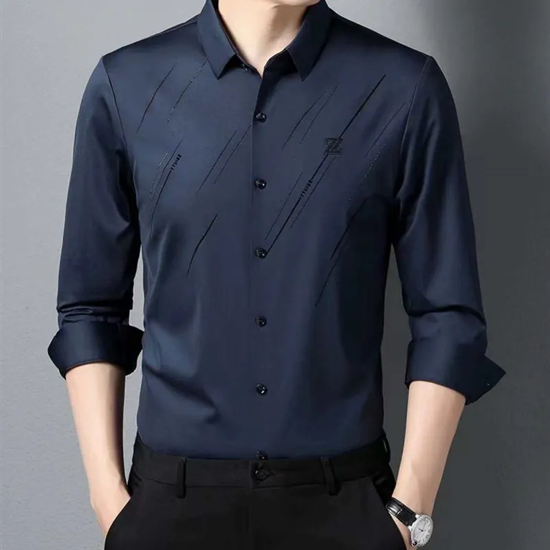 

Spring Men's Long SVE Shirt Business Seamless Wrinkle Resistant Thickened PU Leather Casual Style Striped Patterned