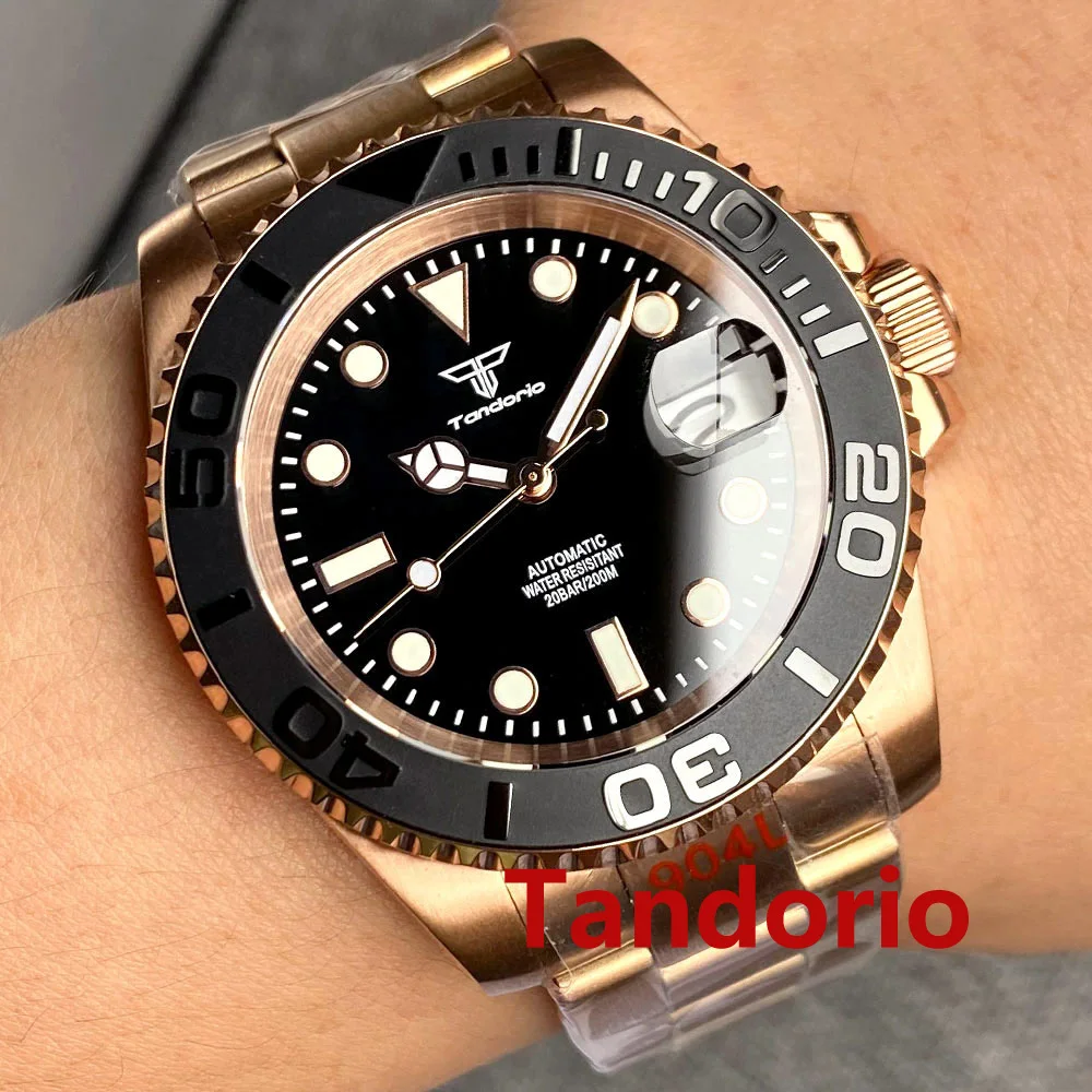 

Tandorio 40mm Black Dial NH35A Mechanical Automatic Rose Gold Coated Mens Watch Sapphire Crystal Date 200M Water Resistant Lume