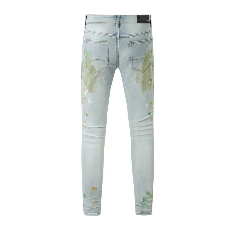 American style high street vintage washed water spliced letters Light Blue Graffiti amir jeans ripped patch jeans trendy pants