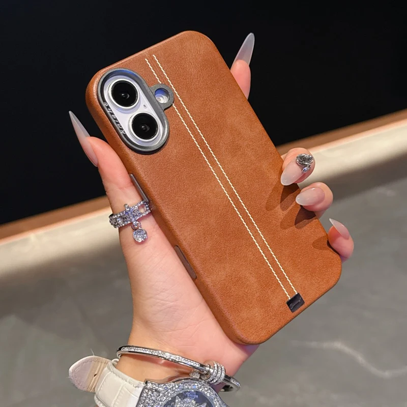 

Магнитный чехол MagSafe из искусственной кожи с линзами из сплава для iPhone 16, 16 pro max 15, 14 Pro 13, матовый жесткий бронированный чехол с беспроводной зарядкой