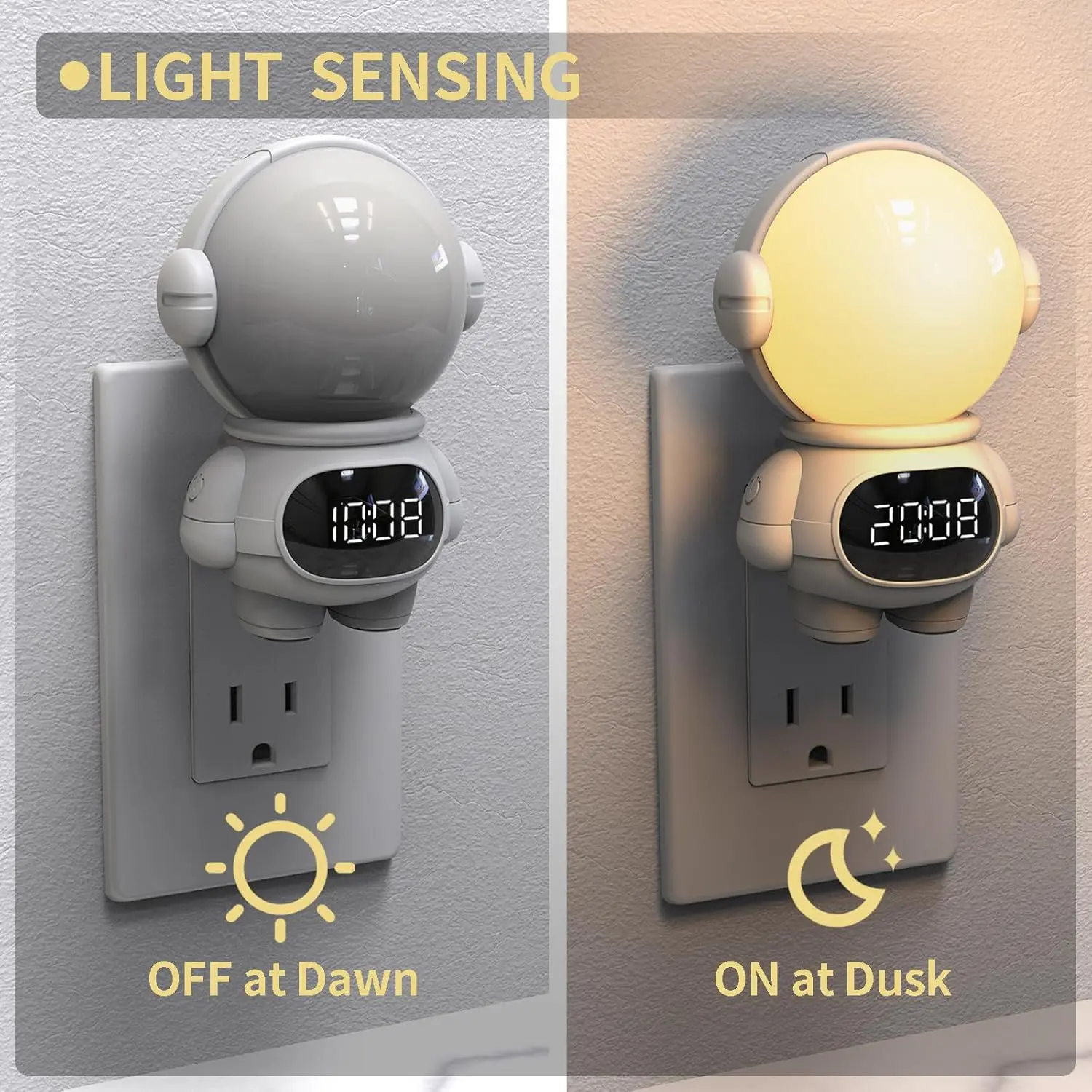 Plug-in LED Night Light Adjustable Brightness Time Display Three Light Colors For Bedroom