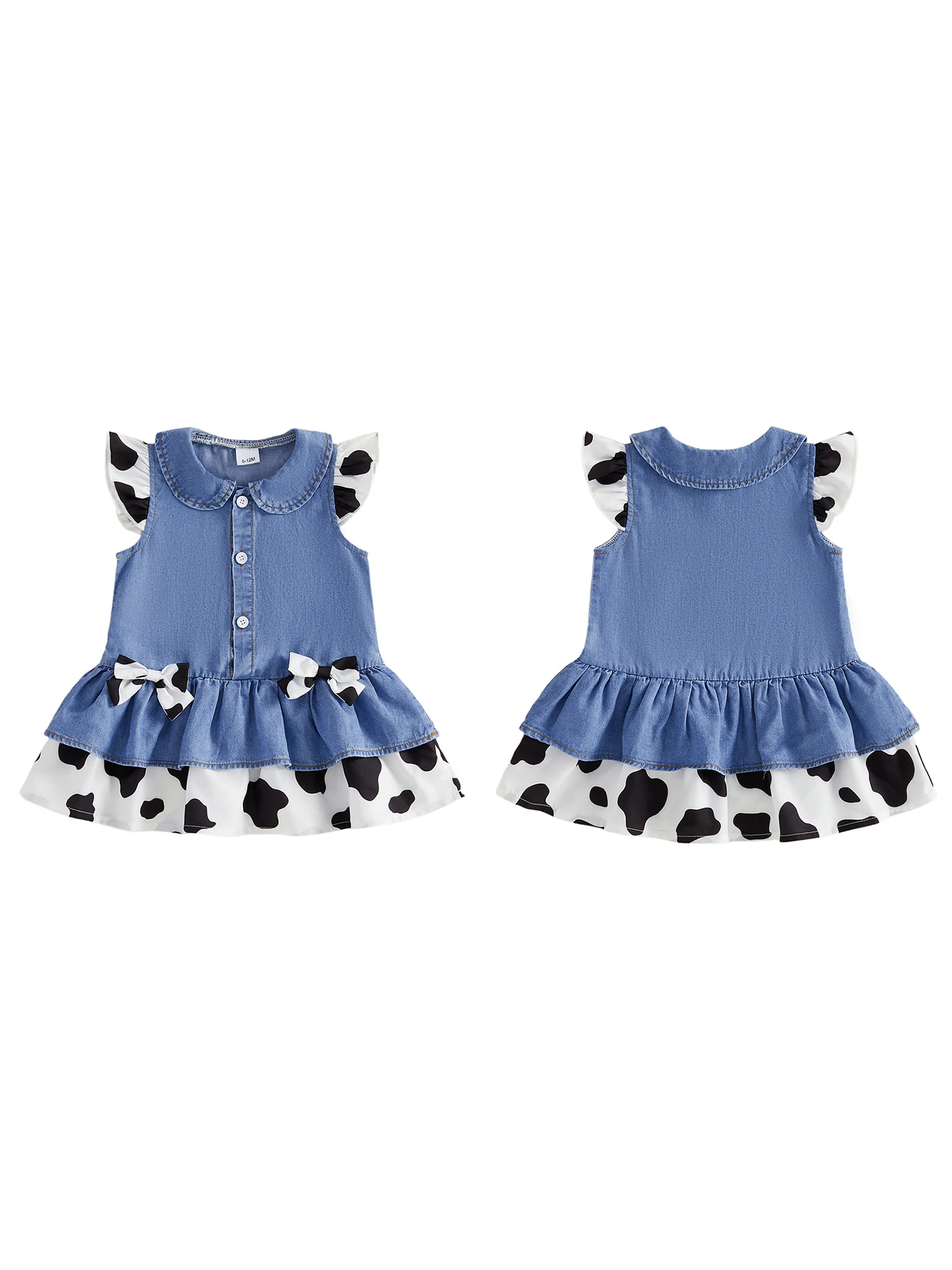 Toddler Girls Denim Cow Pattern Cow Pattern Patchwork Plaid Cow Buttons Bowknot Sleeve-Casual Bowknot Decor Doll Cow