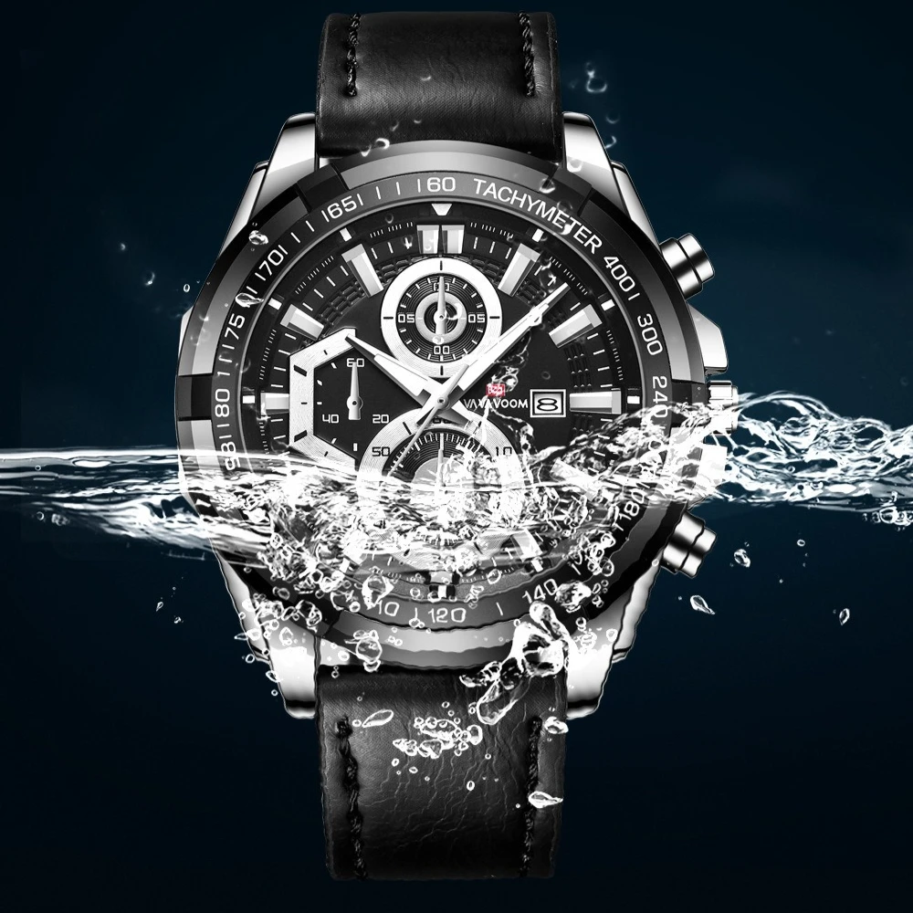 VA VA VOOM 2321 الرجال الرياضة حزام من الجلد تقويم الأعمال مقاوم للماء ساعة عادية كوارتز موضة ساعات للرجل Reloj Hombre #3