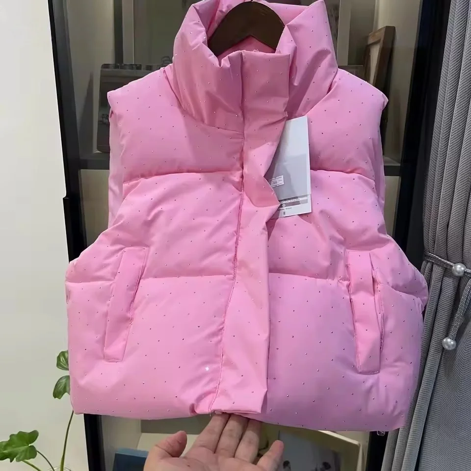 

Autumn New Short Sweet Cotton Vest Jacket Korea Chic Stand Collar Warm Waistcoat Hot Diamond Trendy Daily All-match Top