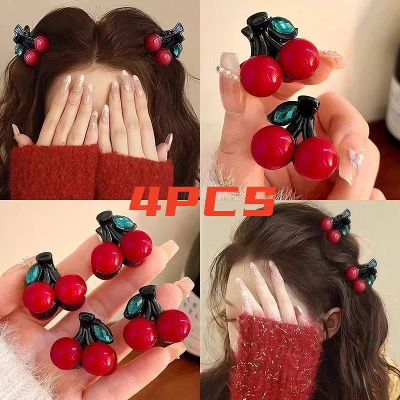 4 Stück Rote Perlen-Kirschblüten Kleine Haarspangen für Mädchen Süße Mini-Pony-Seitenspangen Vielseitige Haarspangen für Unordentliches Haar Haarschmuck – Detail 1