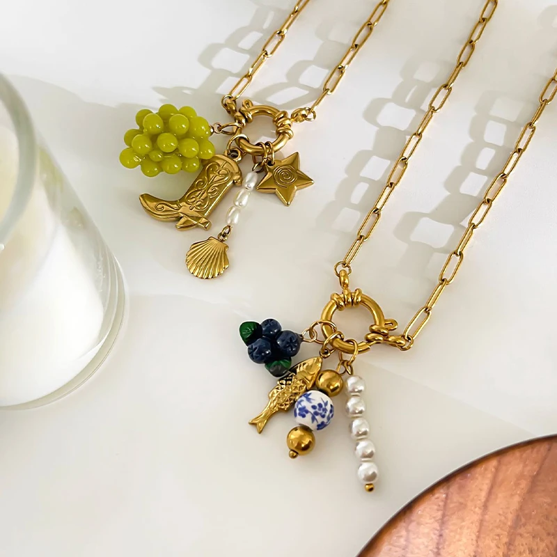 พริสก้า |   สร้อยคอไข่มุกดีไซน์เฉพาะตัวสำหรับผู้หญิง ทำจากสแตนเลสชุบทอง 18k เครื่องประดับน่ารัก กันน้ำ