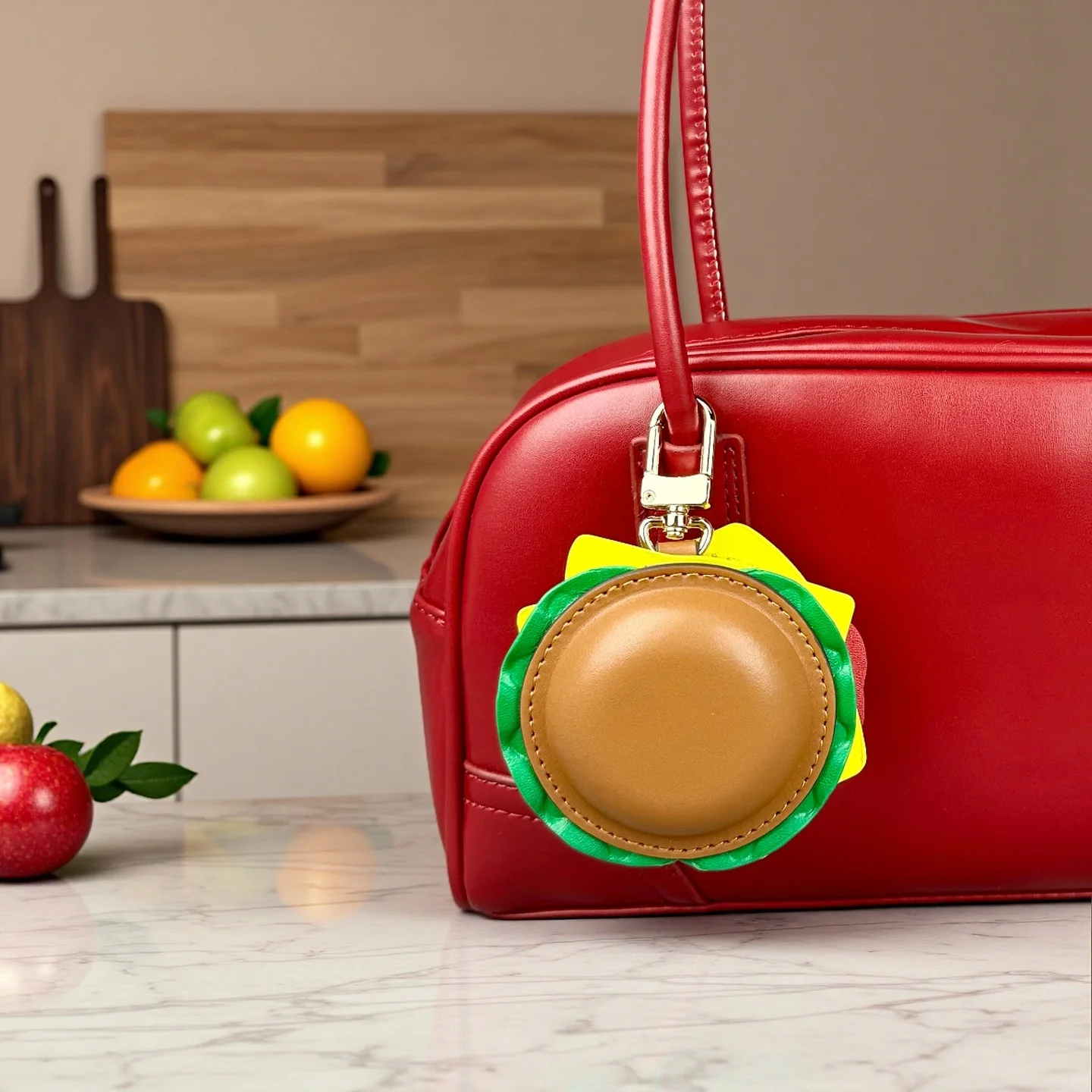 Hamburger Real Leather Coin Purse & Earphone Case - Handmade Premium Leather Keychain with Metal Clip for Bag Charm-Ideal Gift