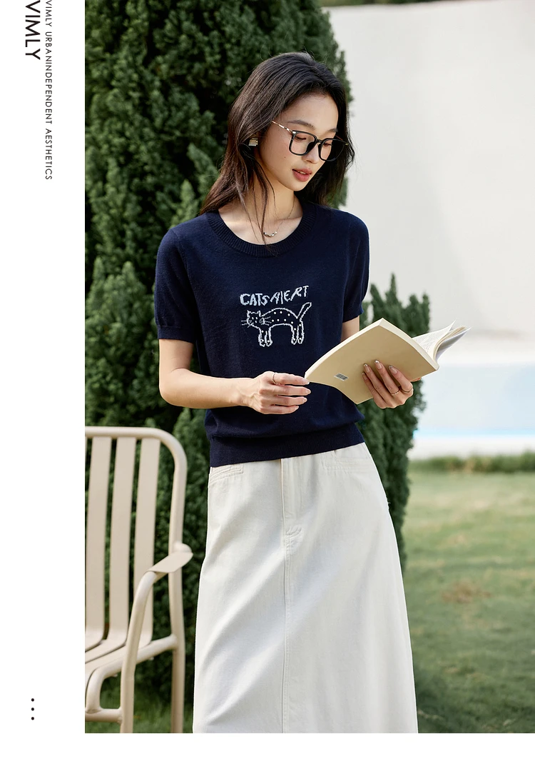 VIMLY Blue Pullover Knitted Sweater Summer Woman 2025 Short Sleeve Knit Jumper Ladies Fun Cat Bead Embroidered Women's Top 75006