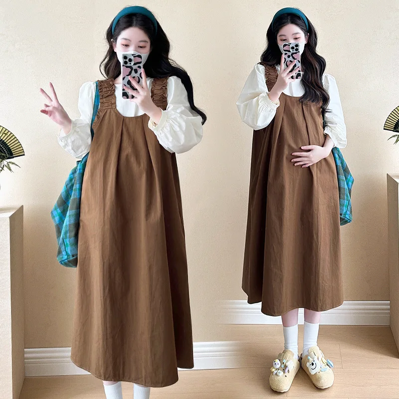 Maternity Suit Spring Autumn Preppy Style Sweet Cute Loose Strap Dress Long Sleeve Shirt Two Piece Set For Pregnant Women