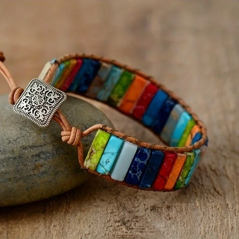 

Bohemian Colorful Rectangular Natural Stone Bracelets for Men and Women Creative Hand-woven Leather Cord Party Vacation Jewelry