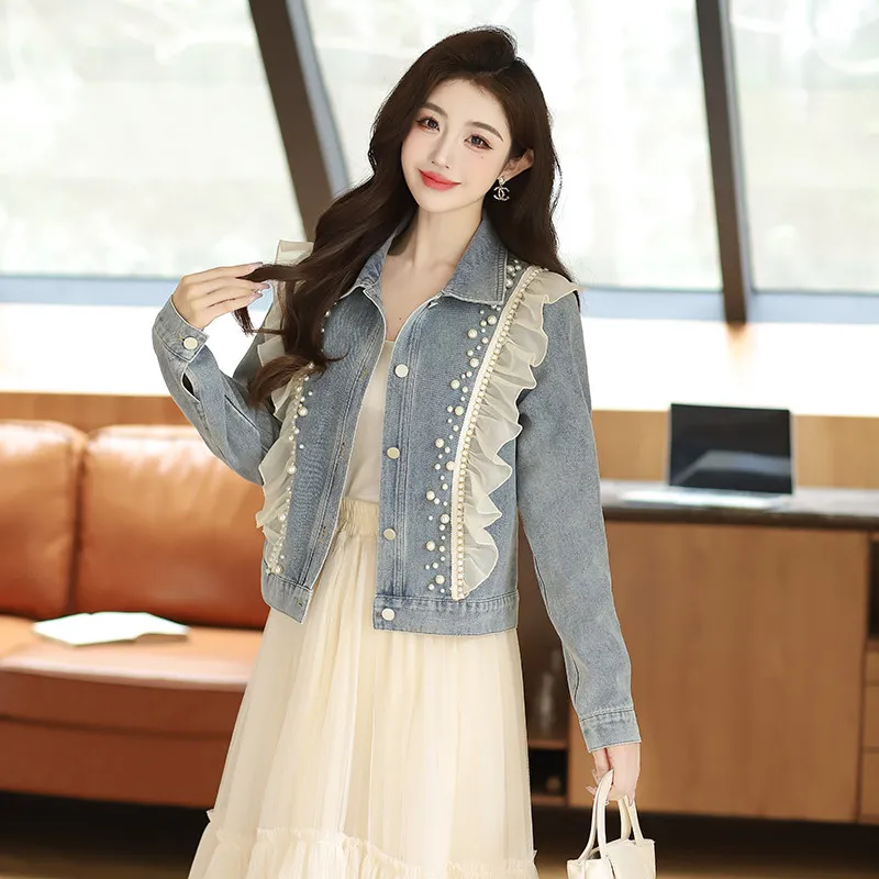 2025 New Mujer Spring Autumn Streetwear Denim Jacket Women Hand-studded Pearls Punk Tassel Veste Femme Loose Short Jeans Coats