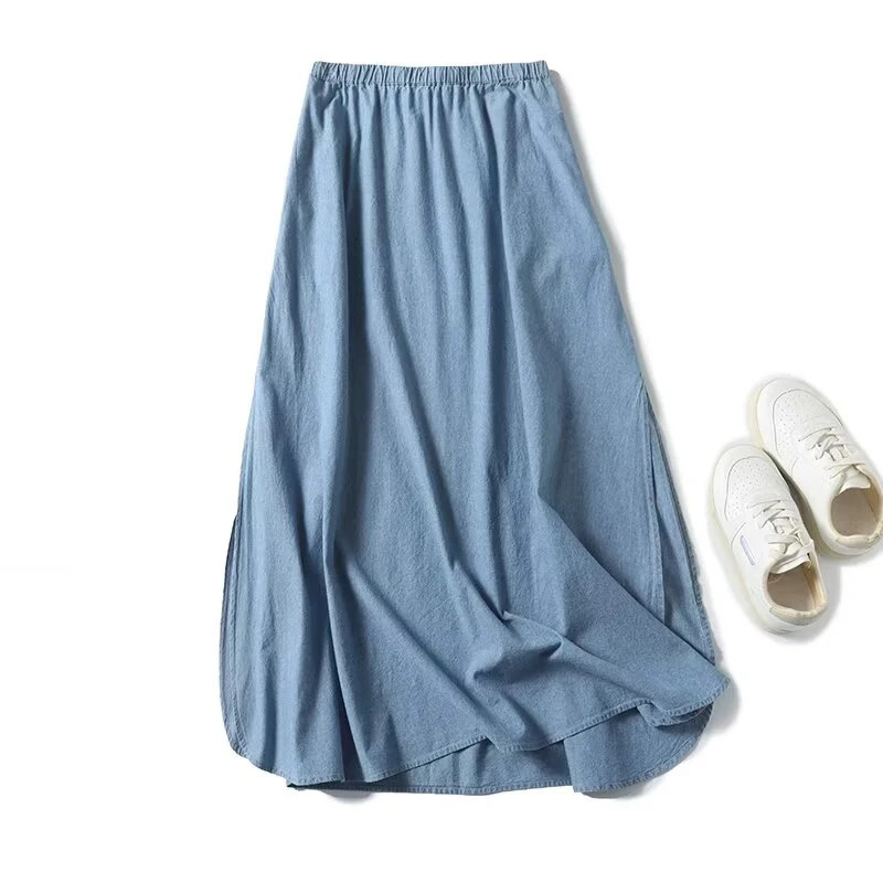 YENKYE New Women Sexy Slit Blue Denim Long Skirt Vintage Elastic High Waist A-line Female Casual Summer Skirts Cotton