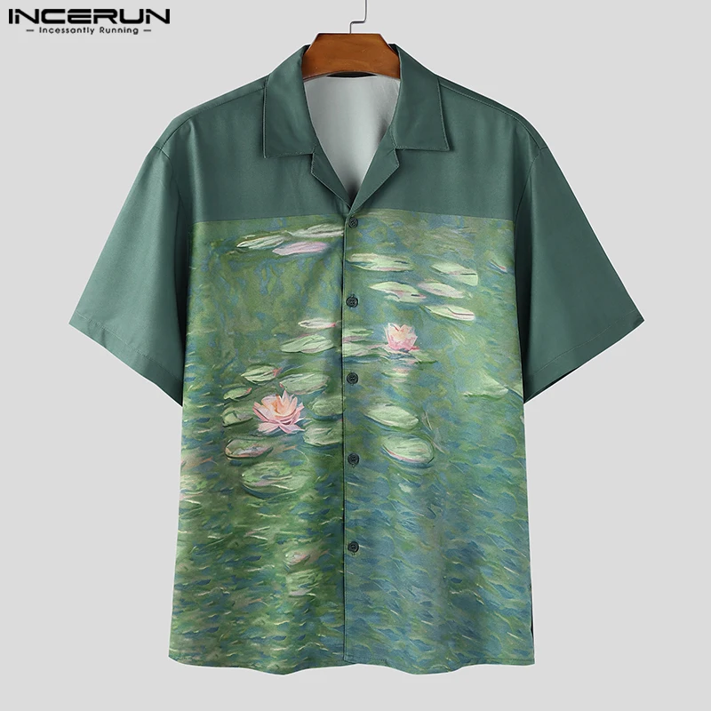 

INCERUN Men Shirt Printing Patchwork Lapel Short Sleeve Summer Men Clothing Streetwear 2025 Loose Fashion Casual Tops S-5XL