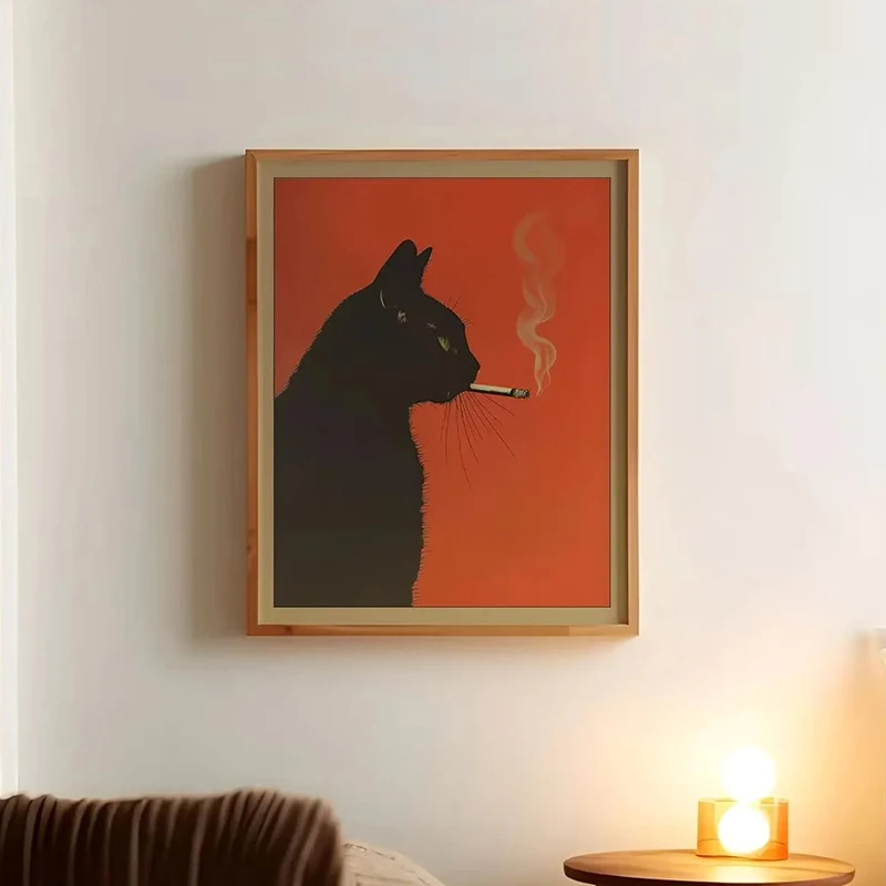 Schwarze Katze raucht eine Zigarette, Poster und Drucke, Retro, skurrile, lustige Tier-Leinwand-Wandgemälde, Bar, ausgefallenes Dekor, Bild – Detail 4