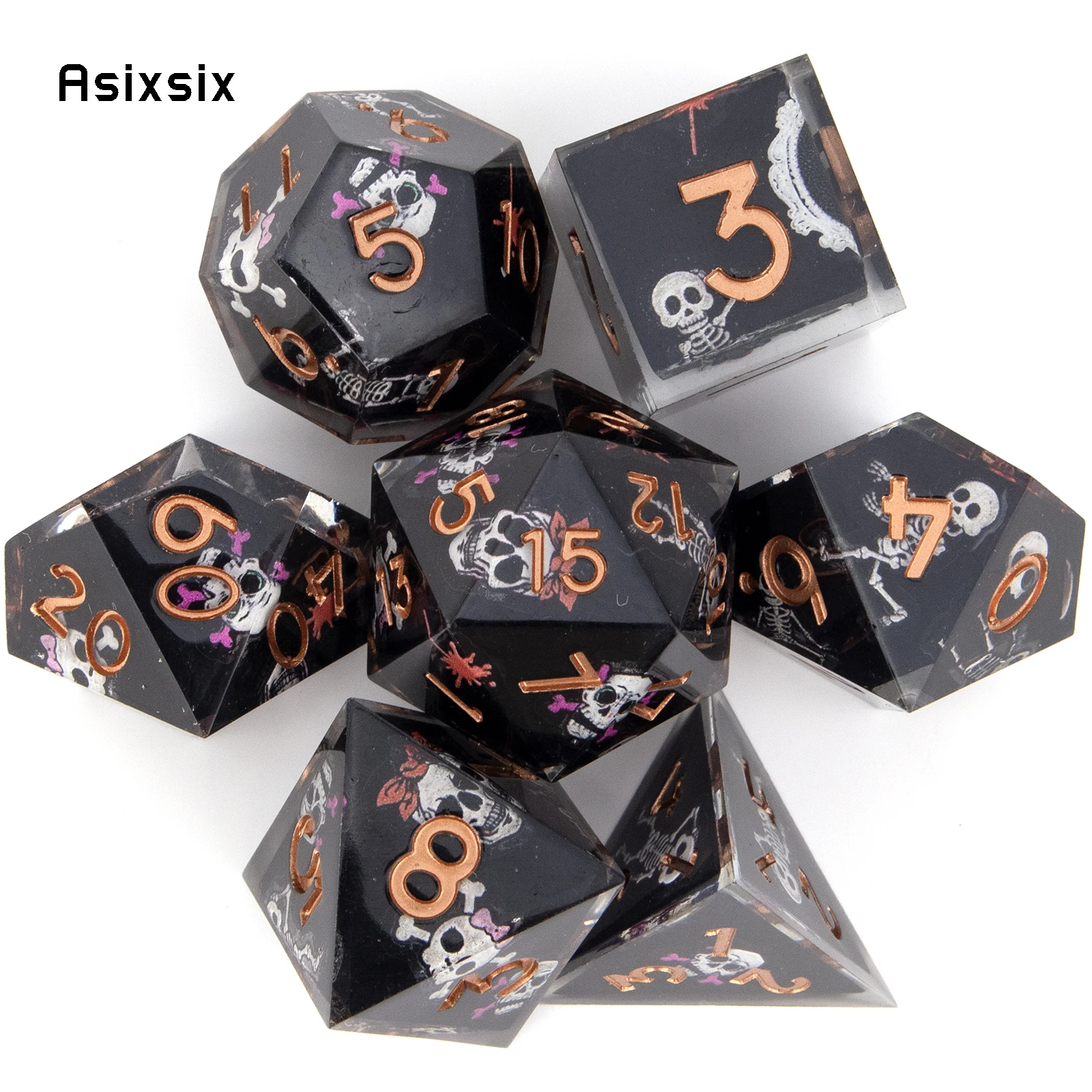 

7 шт., черный череп, смола, оранжевый номер, кости с острыми краями, многогранные игральные кости, подходят для ролевых игр, настольная игра, карточная игра