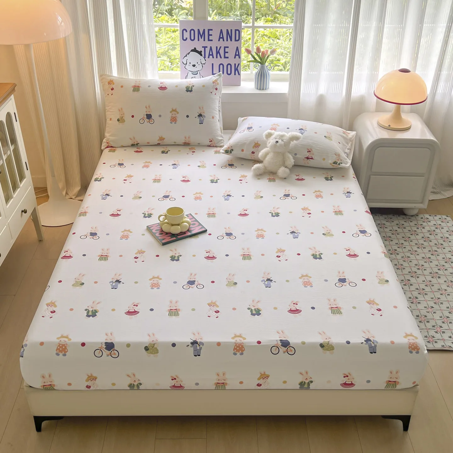 

Cartoon Rabbit Sheet Set Fitted Sheet Set Non Slip Bedspread Washable Cotton With Elastic Band Mattress Cover (With Pillowcase)