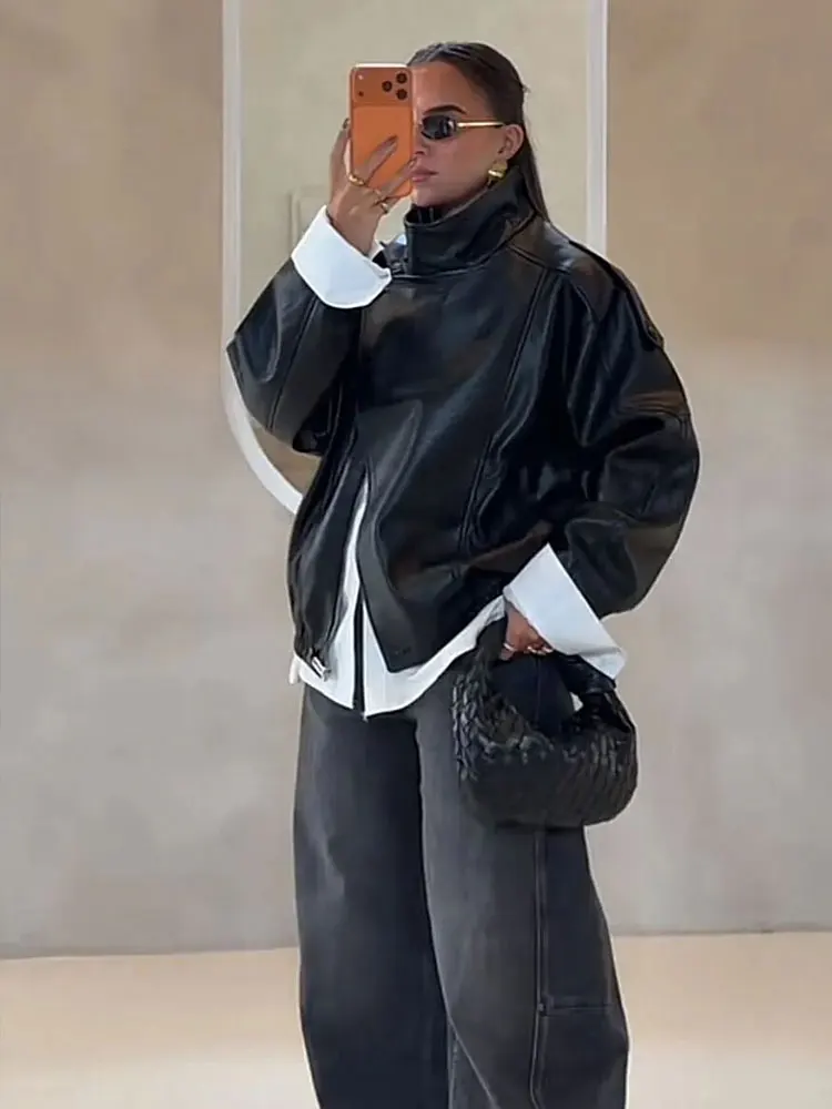 HH Frauen Vintage Pu Leder Bomber Jacke Rollkragen Lange Sleeve Zipper Faux Leder Mäntel Herbst Winter Mode Dame Streetwear